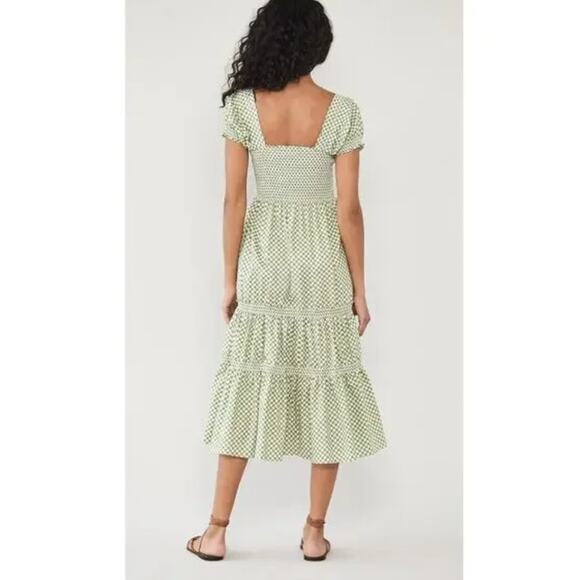 o.p.t NWOT Square Neck Smocked Maxi Dress‎ Green Gingham Size Large - Picture 2 of 9